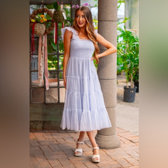 NWT Listicle Smocked Ruffle Tiered Mesh Midi Maxi Dress Size Large Retail $74 - Picture 10 of 16